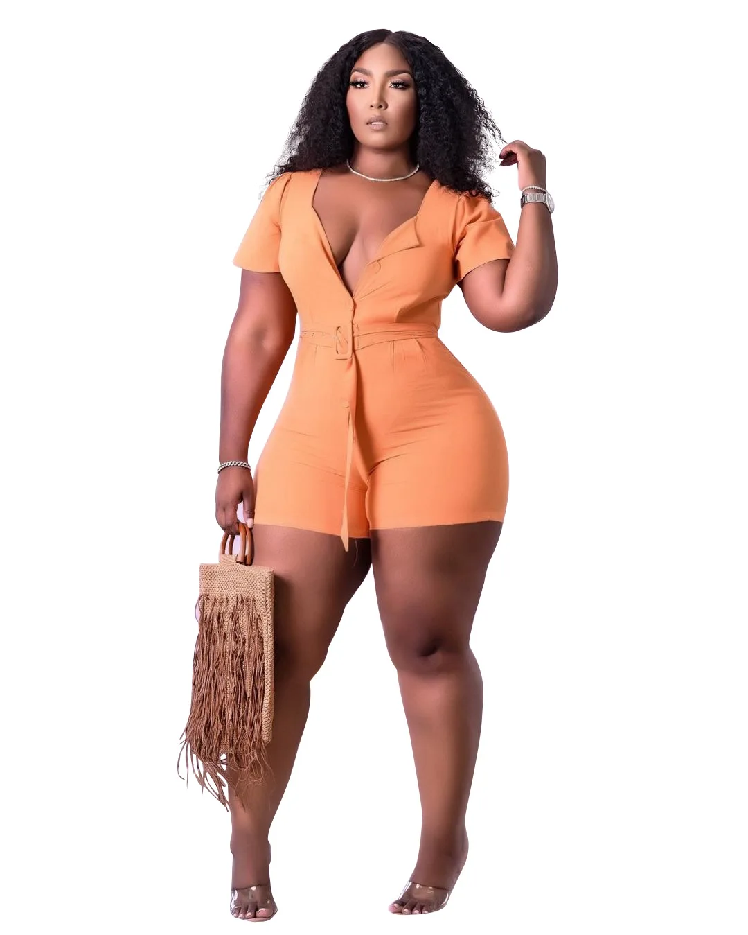 

2021 Summer Casual Women Playsuits Plus Size Casual Sashes Jumpsuits V-neck Short Sleeves Single-breasted Skinny Mini Rompers