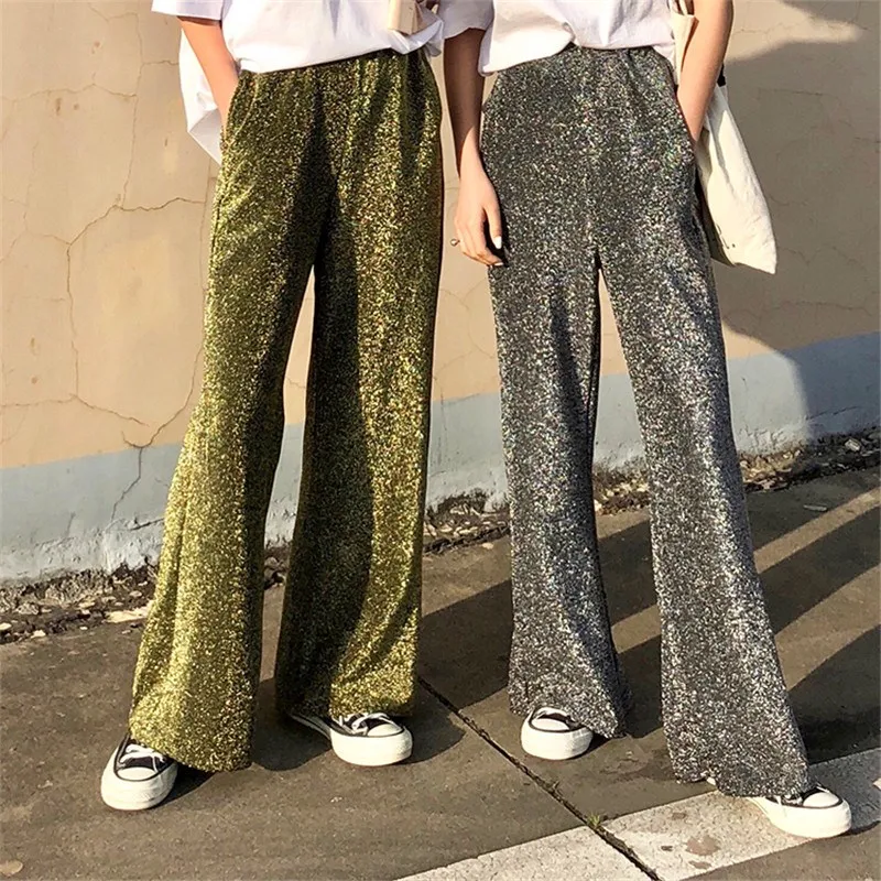 Женские Золотые Серебряные широкие брюки 2019 уличная мода блестящая эластичная