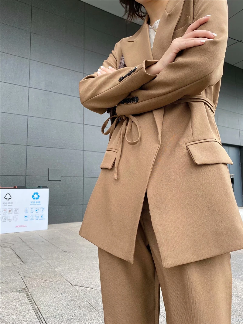 

TMODA578 Za 2021Spring Elegant Women Brown Suit Set Fashion Vintage Ladies Cotton Jackets Casual Female Soft Suits Long Pant