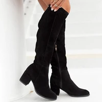 black thick heel suede pointed toe womens knee length boots spring and autumn new womens zipper straight boots