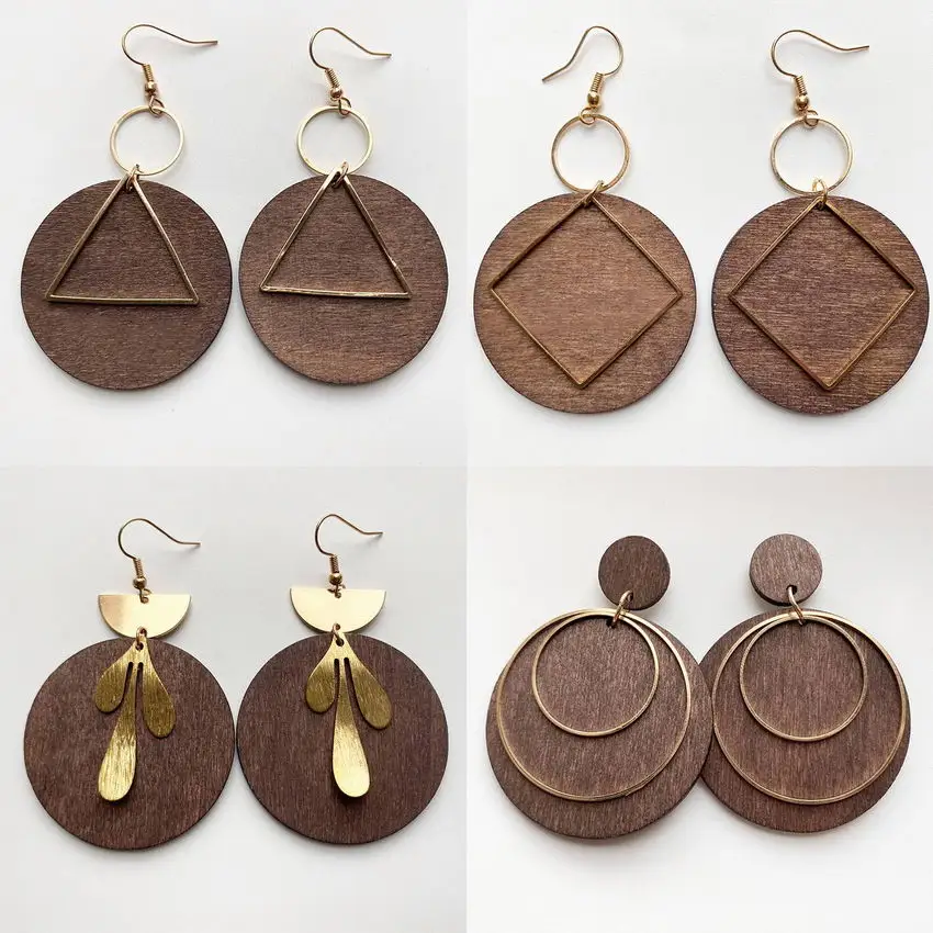 

Free Shipping Geometric Metal Circle Triangle Embellished Natural Wood Disc Drop Earrings for Women Fashion Jewelry Wholesale