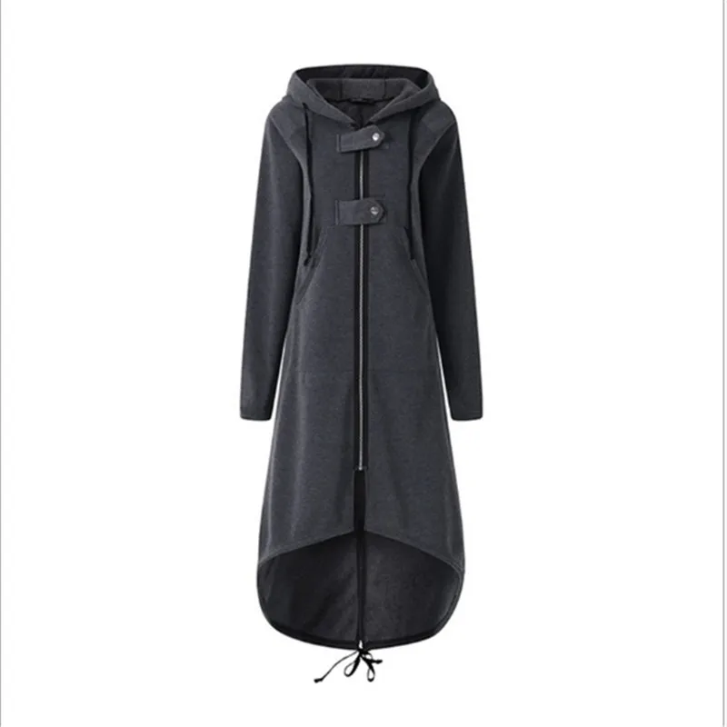 Autumn Hooded Long Sleeve Zip Sweatshirt Hoodies Coat Women Solid Long Jacket Irregular Hem Black Outwear Plus Size