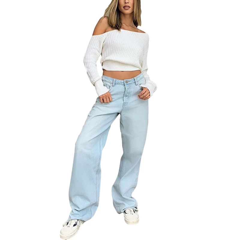 

Kayotuas Women Jeans Denim Pocket Button High Waist Wide Leg Loose Vacation Casual High Waist Solid Office Ladies Trousers