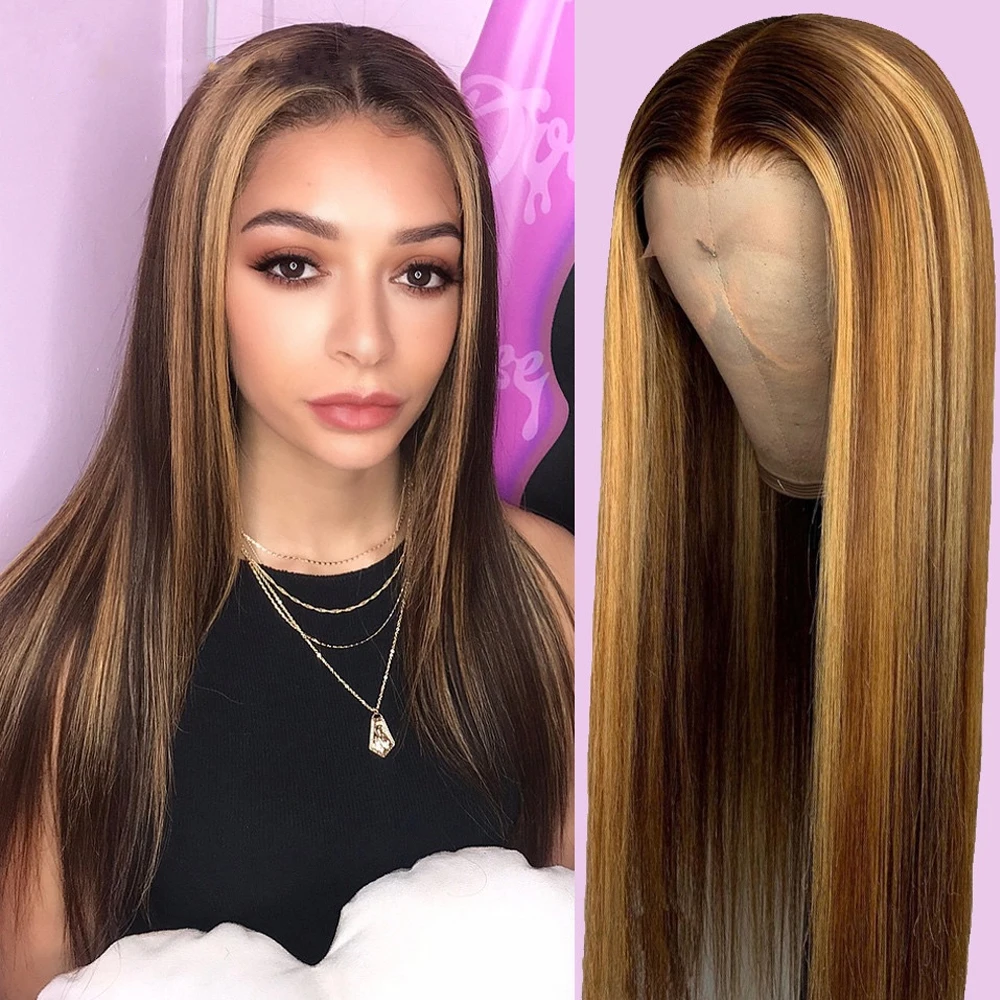 

Oulaer 4T27 Honey Blonde Highlight Wig Straight Human Hair 13x4 HD Transparent Lace Frontal Wigs For Black Women Pre Plucked