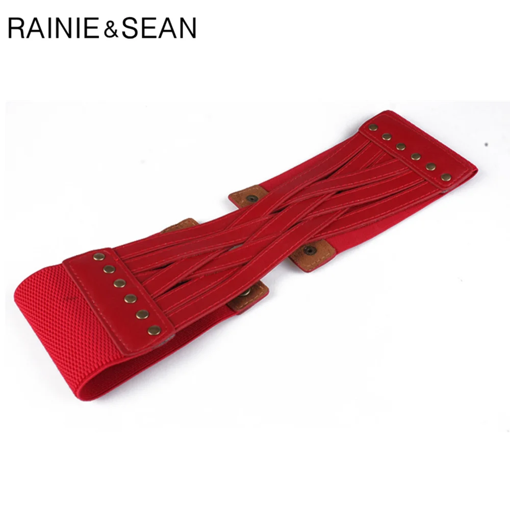 

RAINIE SEAN Belt for Women Dress Wide Belt Women Elastic Pu Leather Vintage Ladies Red Khaki Black Brown Elastic Waist Belt