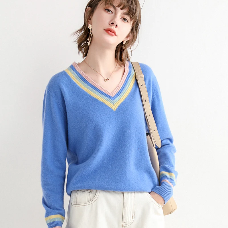 

V-neck color-blocking cashmere sweater women 2021 pure wool sweater pullover top bottoming shirt Korean fashion women's clothing
