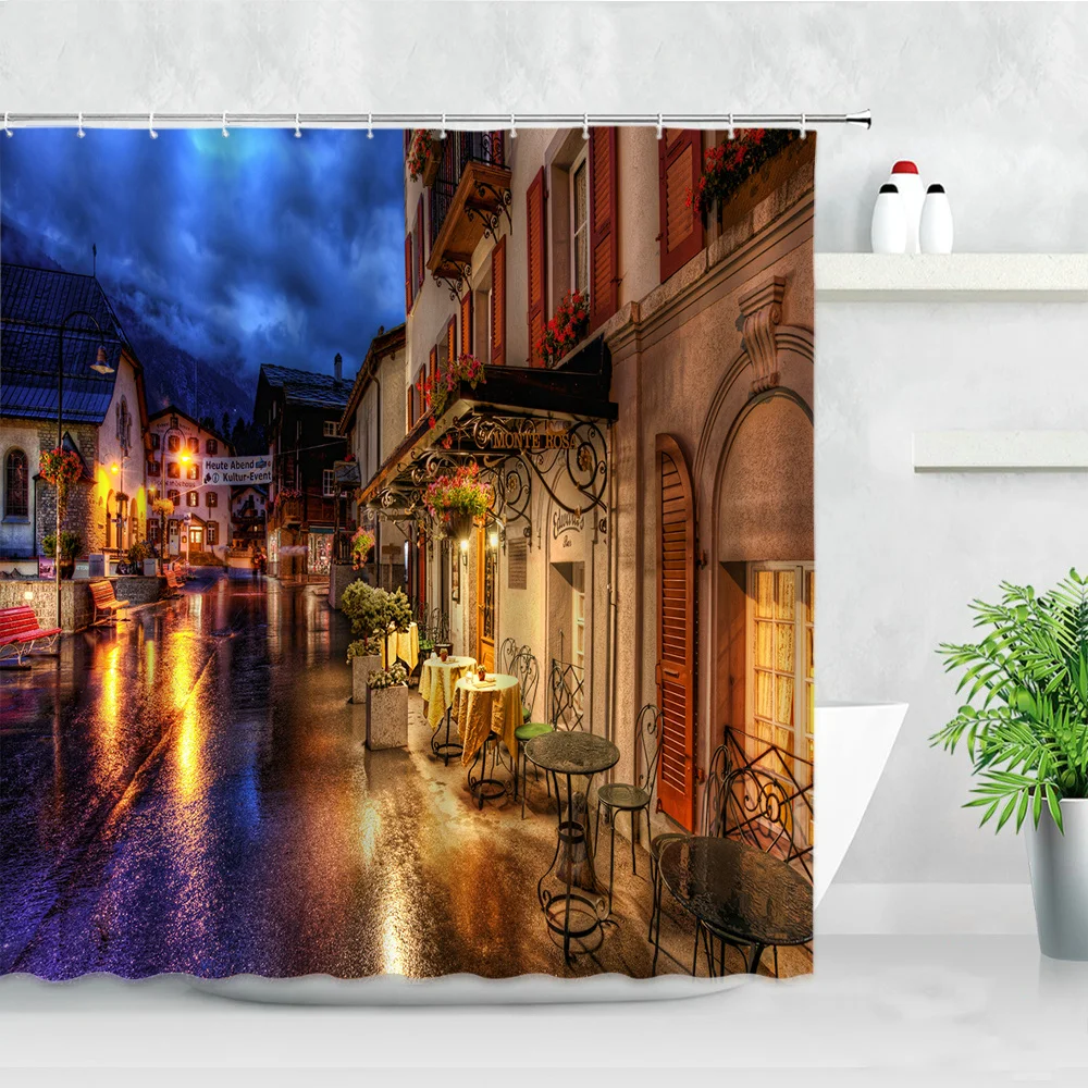 

City Night Scenery Shower Curtains European Town Street View Retro Building Modern Fashion Home Bathtub Decor Bathroom Curtain
