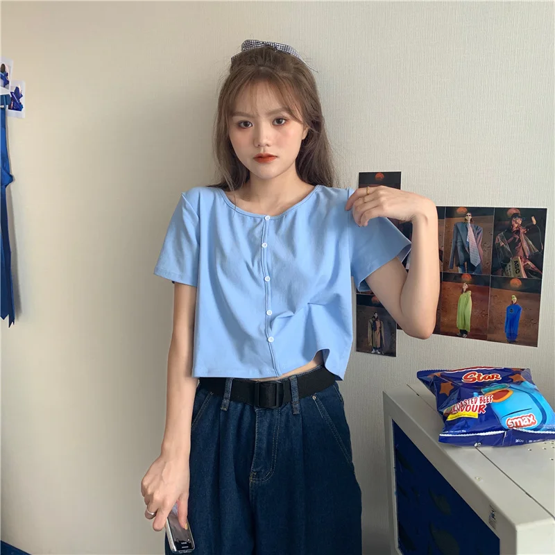 Футболка женская с коротким рукавом тонкая Свободная рубашка открытым пупком