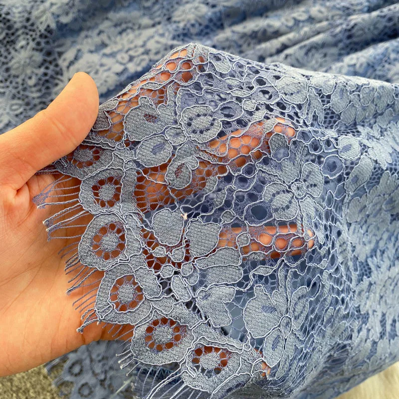 

Vintage Hollow Out Lace Party Dress Women Elegant Turn-Down Collar Single Breasted Long Sleeve Blue Midi Vestidos Spring Winter