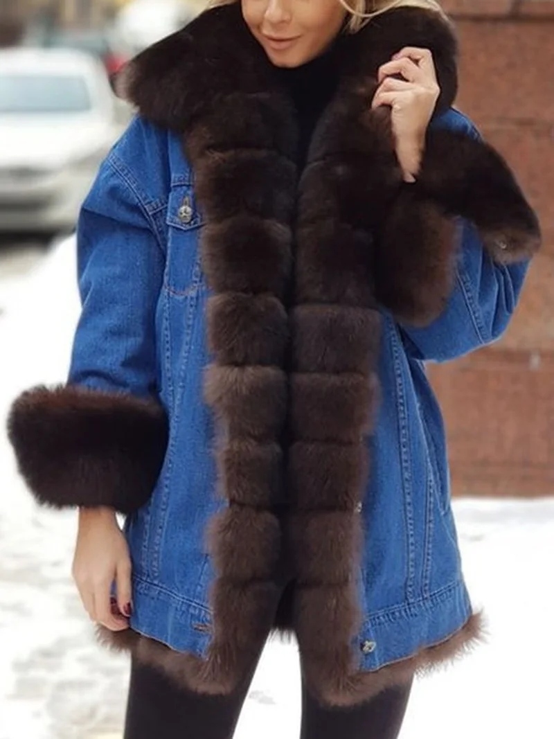 

2021 Women's Full Sleeve Warm Thick Denim Jacket Parker Coat Collar Single-breasted Ladies Fur Denim Long Long Sleeve Jacket