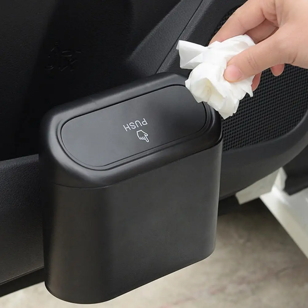 

Car Trash Bin Press Design Flip Cover Mini Hanging Vehicle Garbage Dust Case Storage Box Auto Interior Supplies