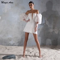 magic awn sparkly short wedding dresses for women detachable puffy sleeves shiny white wedding partry gowns vestidos de novia
