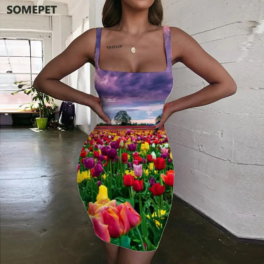 Женское платье Тюльпан с цветочным принтом без рукавов|Женские платья| |