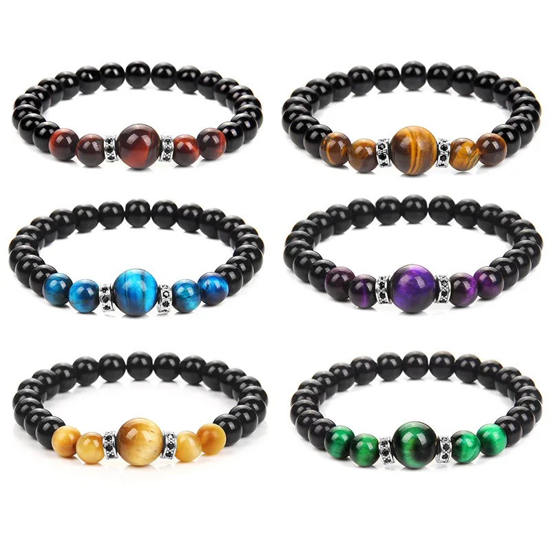 

High Quality Tiger Eye Bracelet Elastic Stretch Natural Stone Bracelets For Women Men CZ Charm Black Onyx Bangles Jewelry Hiphop