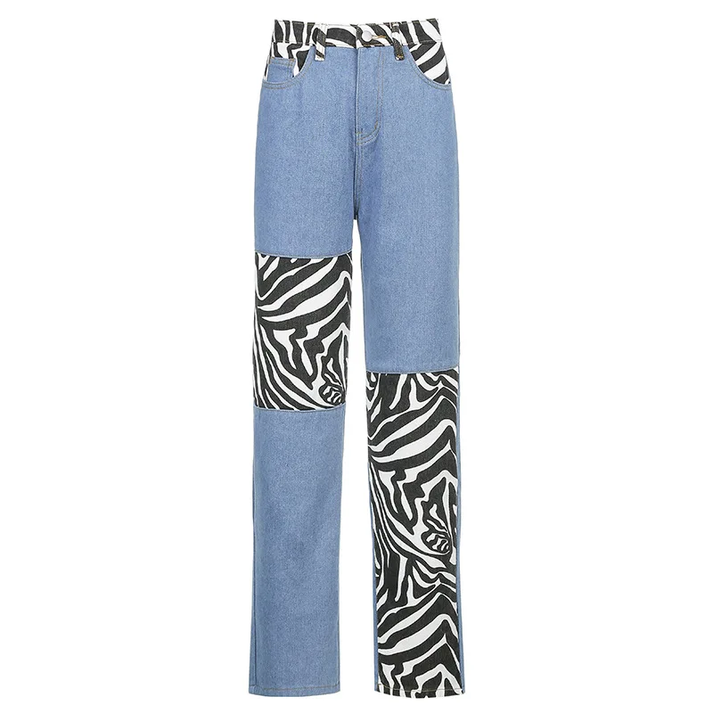 

Indie Grunge Fashion Streetwear 90s Jeans Animal Print Y2K Skater Girl Style Denim Jeans Women Straight Pants Winter