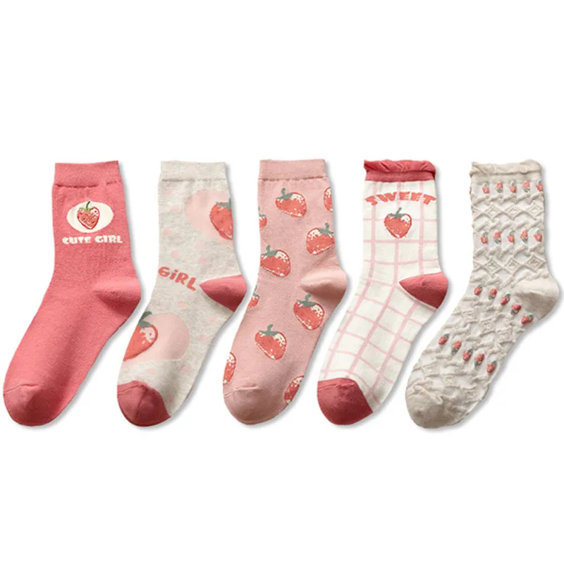 

3 Pairs Lot Strawberry Socks Pink Kawaii Korean Style Lolita Cute Long Socks Women Soft Girl Cadeau Femme Natal Meias Esportivas