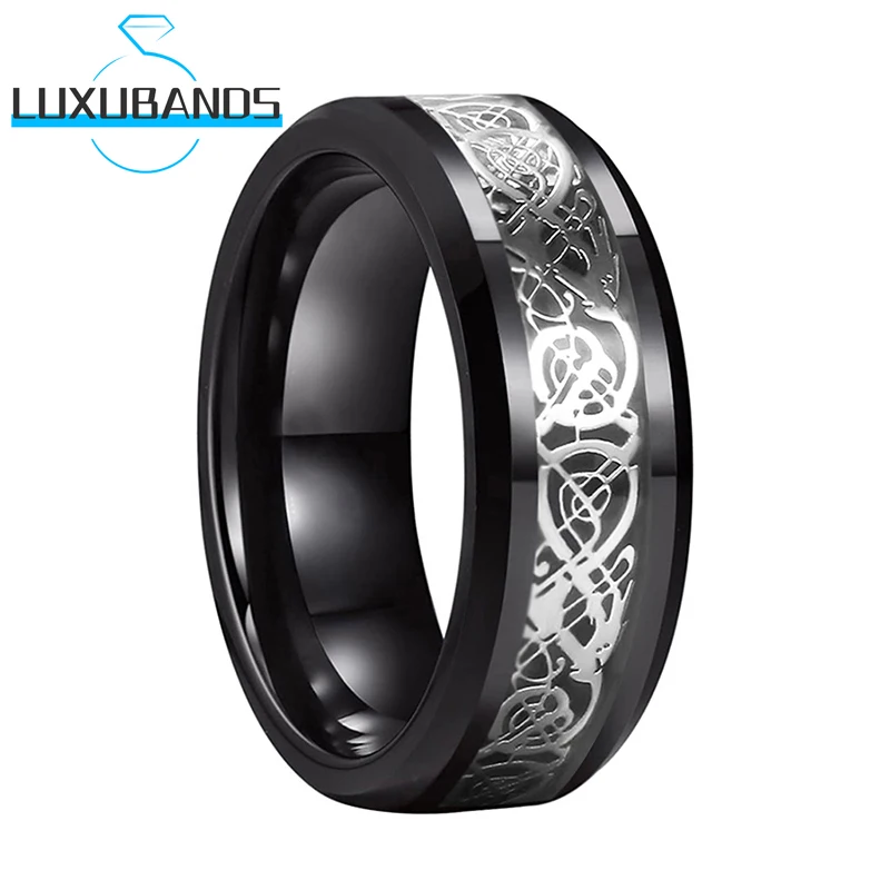 

Вольфрамовые кольца 8 мм для мужчин и женщин, мужские конические края, черное углеродное волокно, инкрустация драконом, полированная отделк...