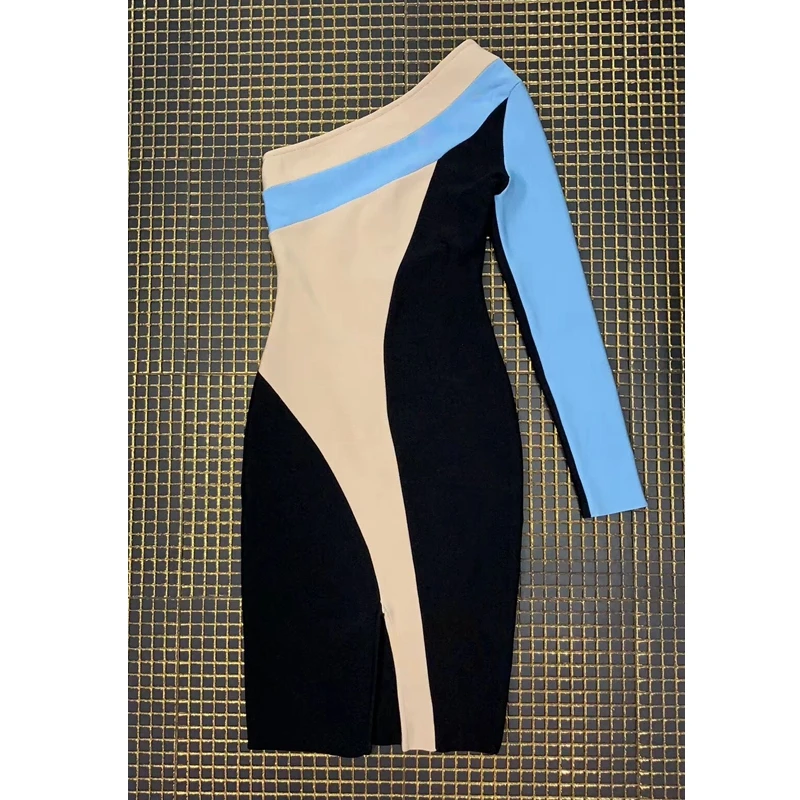 

2019 New Fashion Striped Long Sleeve One Shoulder Dress Club Wear Party Dress Bodycon Bandage Dresses Wholesale Elegant Stylish