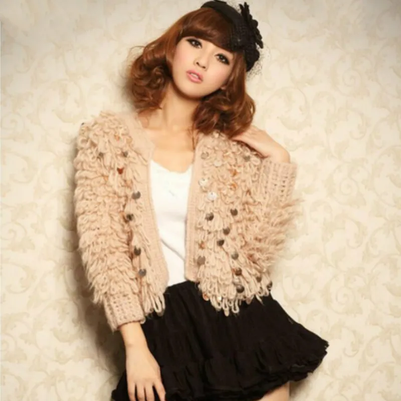 Мохеровый вязаный свитер с блестками кардиган бахромой и круглая шерстяная