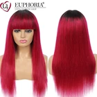 Омбре, красные прямые волосы, длинные парики с челкой, бразильские волосы 9A Remy, человеческие волосы, полный машинный парик, бург, натуральный коричневый Боб, парики, EUPHORIA