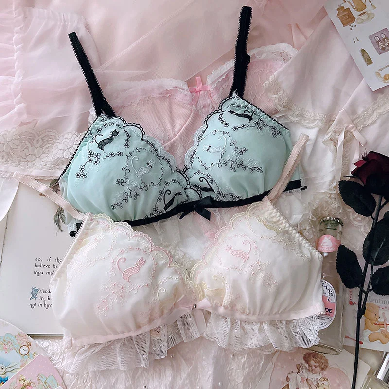Japanese Style Soft Girl Sweet Cute Cat Embroidery Ruffled Thin Underwear Wireless Triangle Cup Bra Jum | Женская одежда
