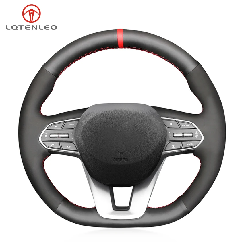 

LQTENLEO Black Genuine Leather Suede Hand-stitched Car Steering Wheel Cover For Hyundai Santa Fe 2019-2020 Palisade 2020