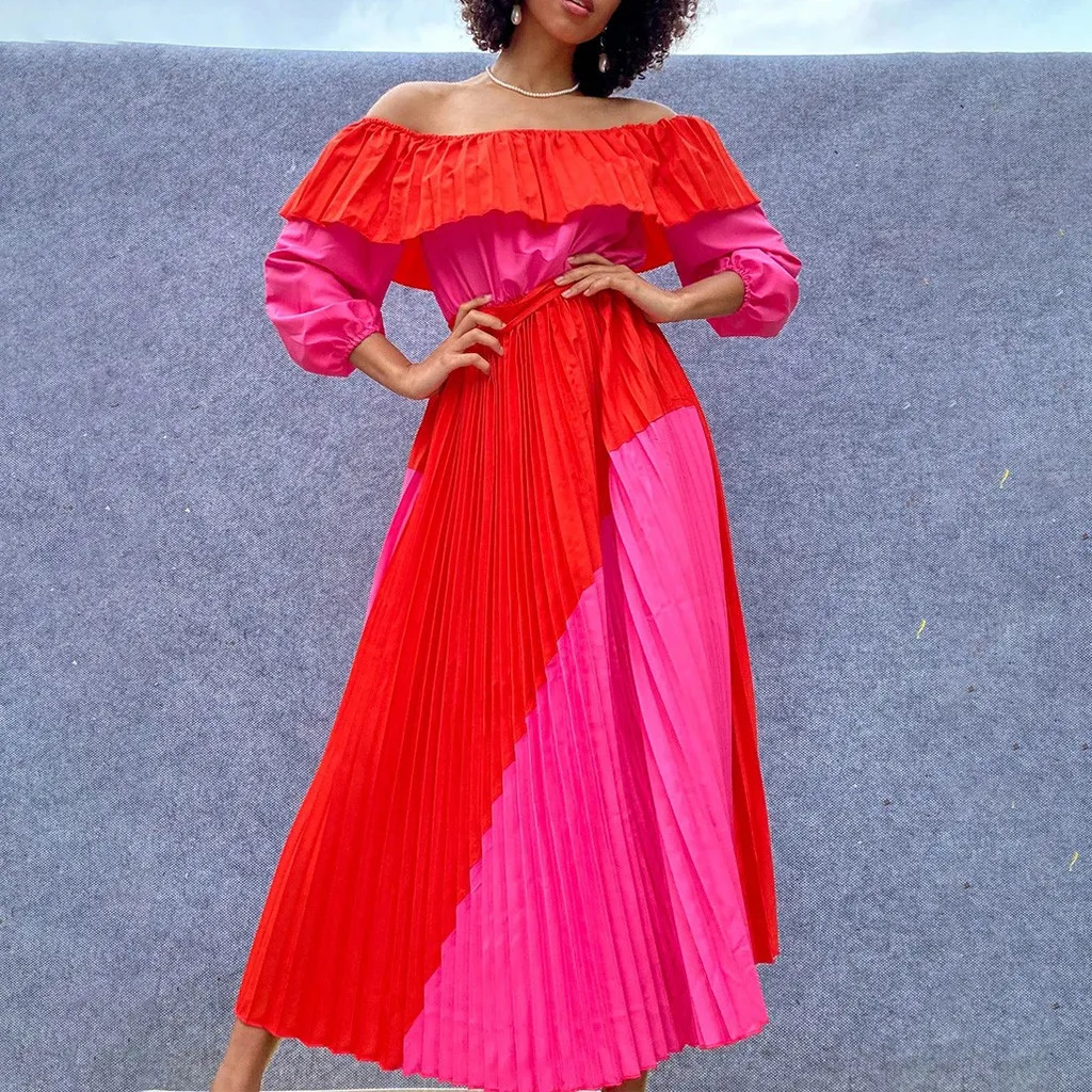 

Fashion Women's Dress Long Sleeve One Line Collar Solid Color Fashion Bohemian Style Summer beach Dress Grils Lady party Dress