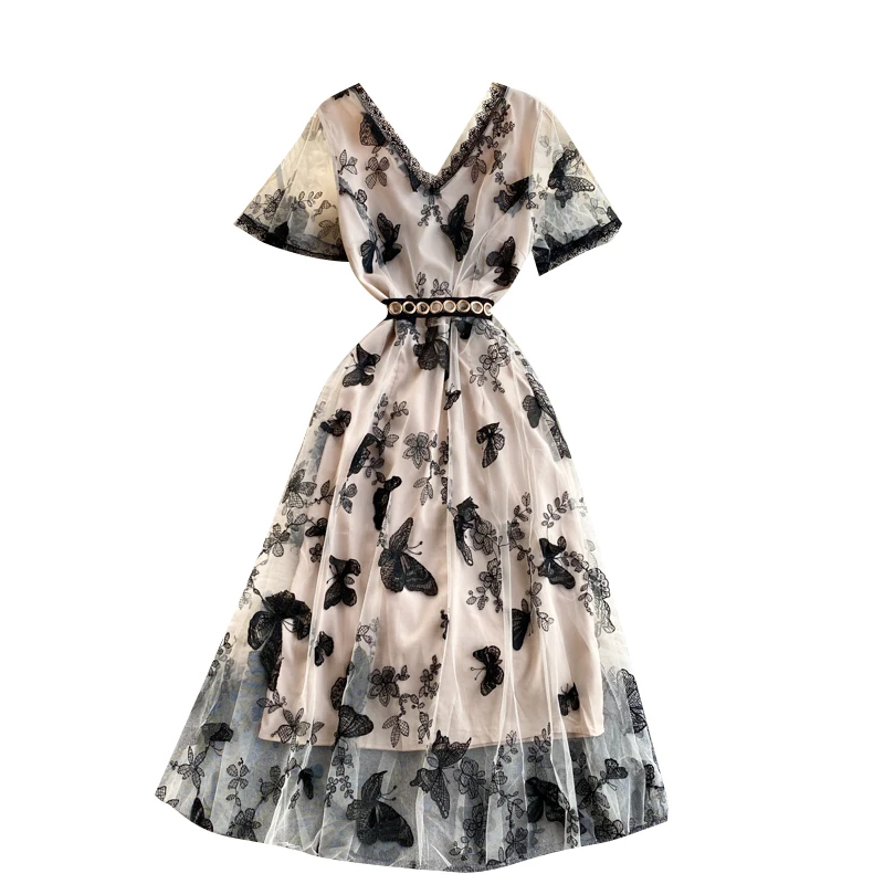 

Mesh Butterfly Embroidery Dress Women Design Splice Lace V Neck A-line Dresses Summer Elegant Streetwear Long Dress