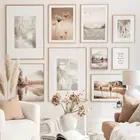 Абстрактная настенная Картина на холсте с изображением сухих цветов туманного восхода и пляжа, Постер в скандинавском стиле, галерея, декоративные картины для гостиной