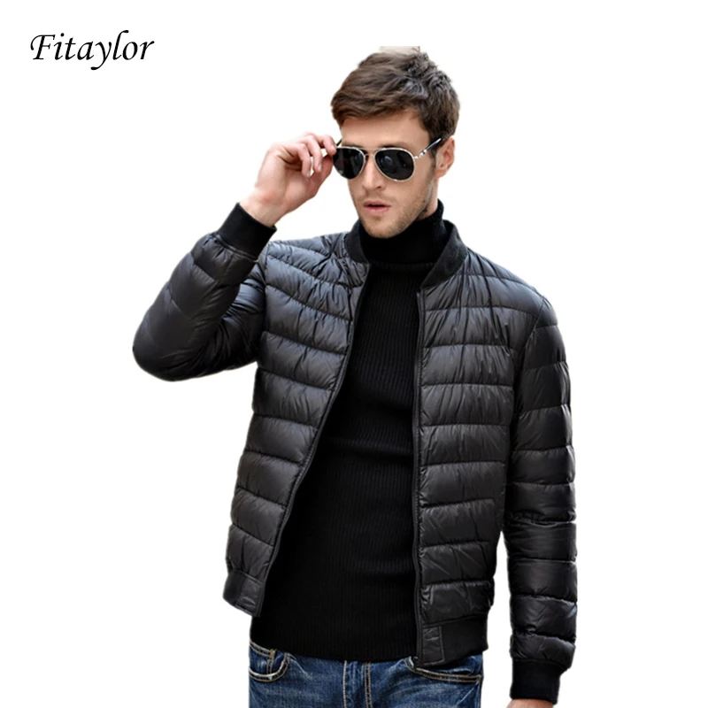 Fitaylor, зимняя мужская куртка, 90% белый утиный пух, ультра тонкий светильник, куртки с круглым вырезом, тонкое теплое пальто, базовая верхняя одежда, ветрозащитные парки