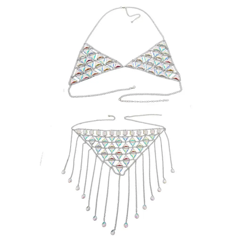 Пляжная мода, аксессуары, сексуальные Хрустальные Яркие ювелирные изделия, бюстгальтер, цепь для тела, пояс, цепь, как костюм