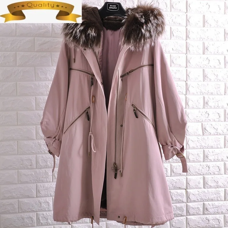 

Женское пальто из натурального меха кролика Рекс, зимняя куртка, женские корейские парки, женский меховой воротник из енота, 2021 пальто для ж...