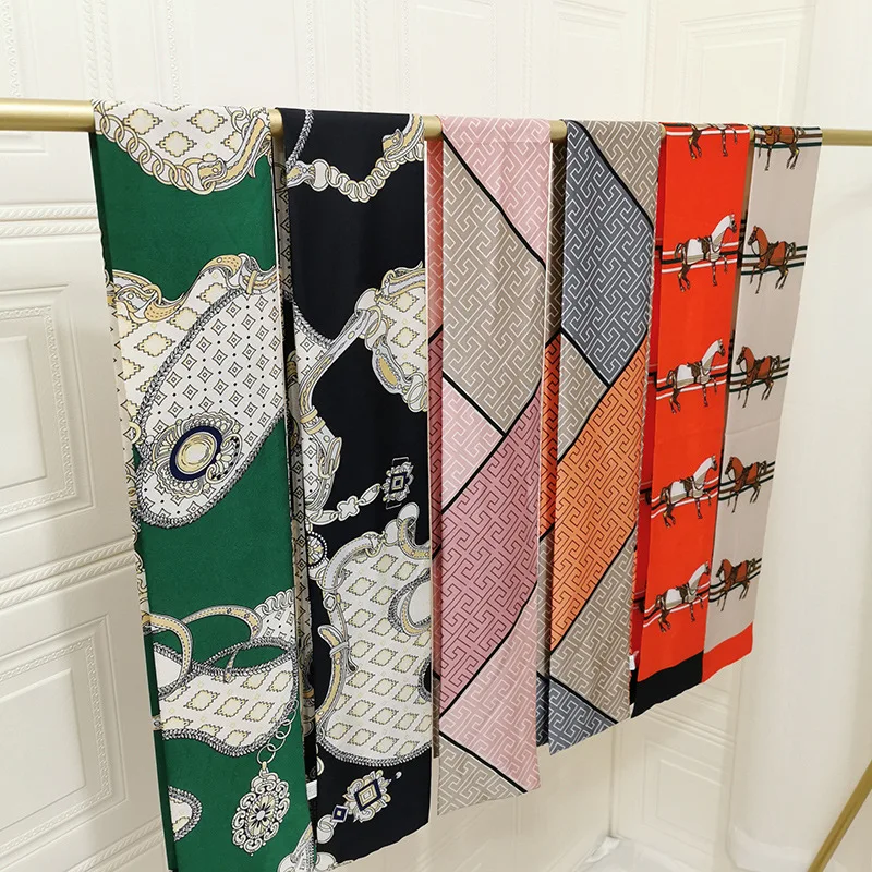 

Autumn and Winter New Ins Strip 14 * 145cm Small Silk Scarf Women's Artificial Silk Professional Scarf Gift Scarf