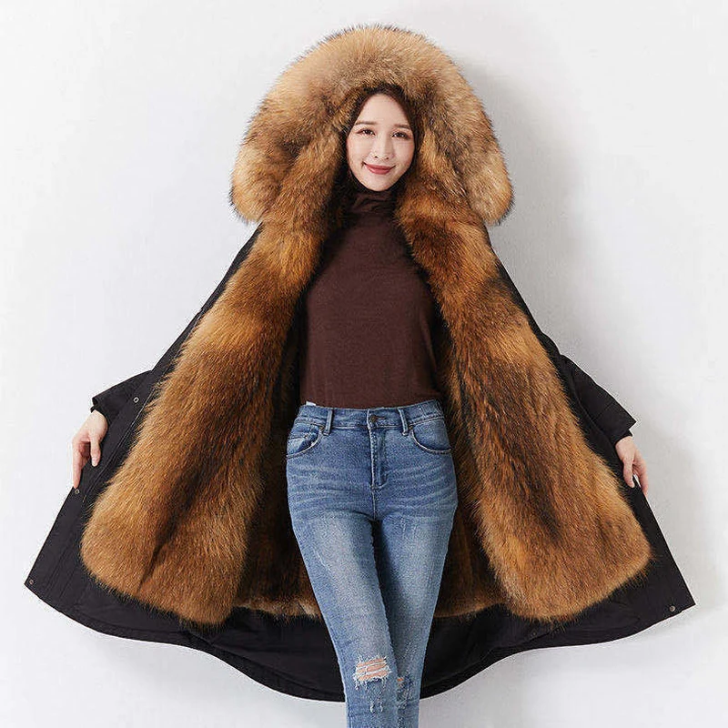 Парка женская зимняя средней длины со съемной подкладкой и искусственным мехом |