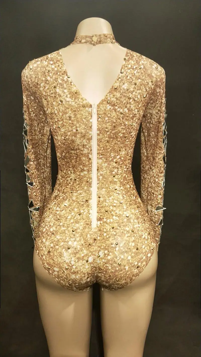 New Women Sexy Gold Mesh Bodysuit Full Golden Sparkling Mirrors Jumpsuit Nightclub Party Stage Wear Singer Dance Bodysuit