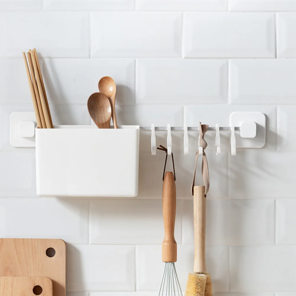 Kitchen Hanging Rod with 6 Removable Hooks Chopsticks Basket Wall Mounted Storage Holder for Bathroom Kitchen Accessories