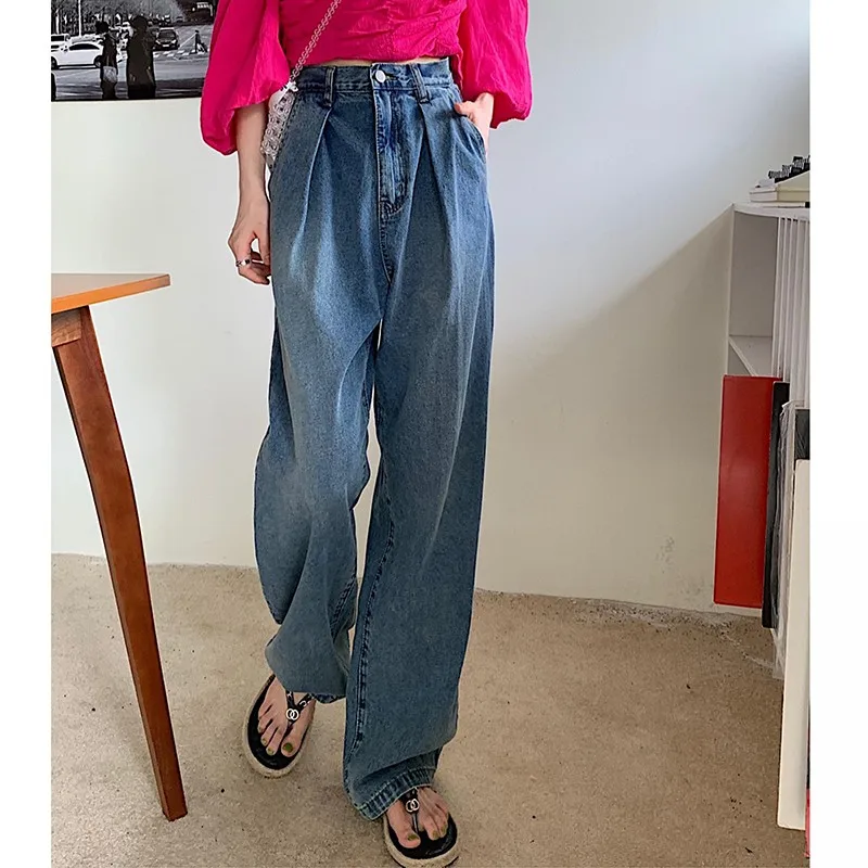 Женские джинсы с пуговицами, повседневные свободные прямые джинсы из хлопка, модель V139 на весну и осень, 2021