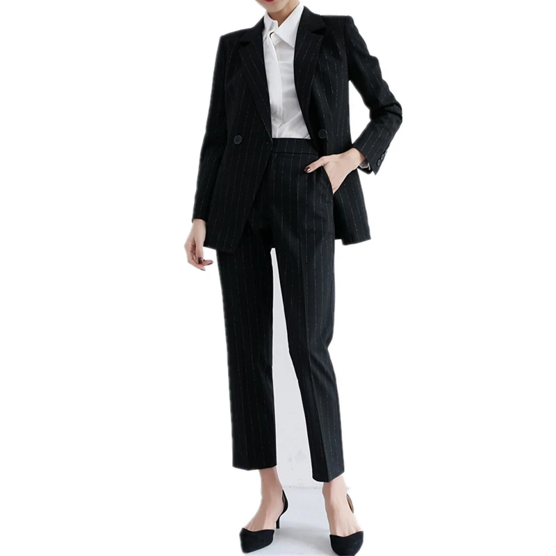

В черно-белую полоску Женский костюм женский костюм из двух частей, двубортный пиджак повседневные женские брюки бизнес форма