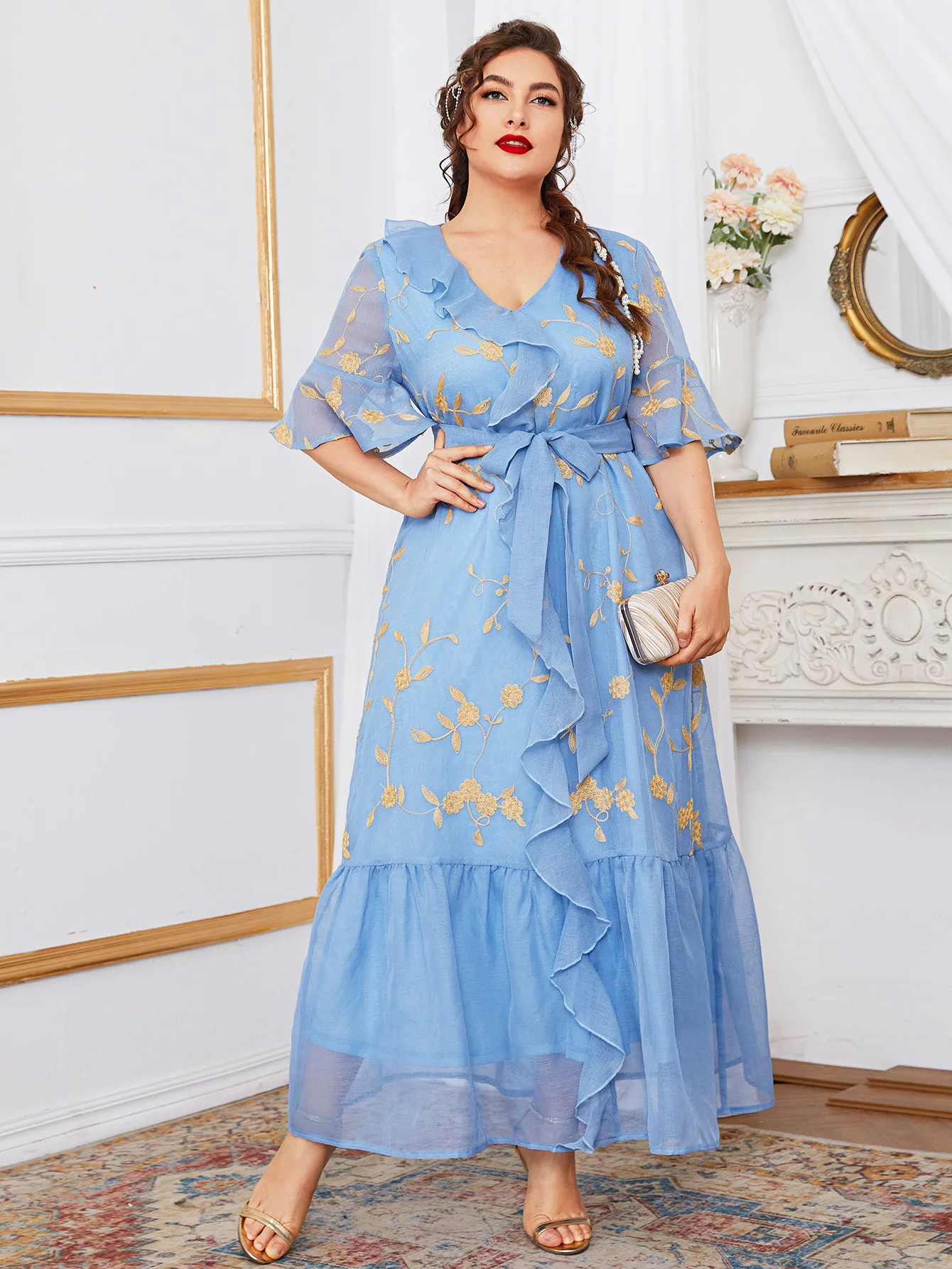 2021 autumn plus size new abaya for wedding party ankle length flare sleeve  blue dress Embroidered large size women dress