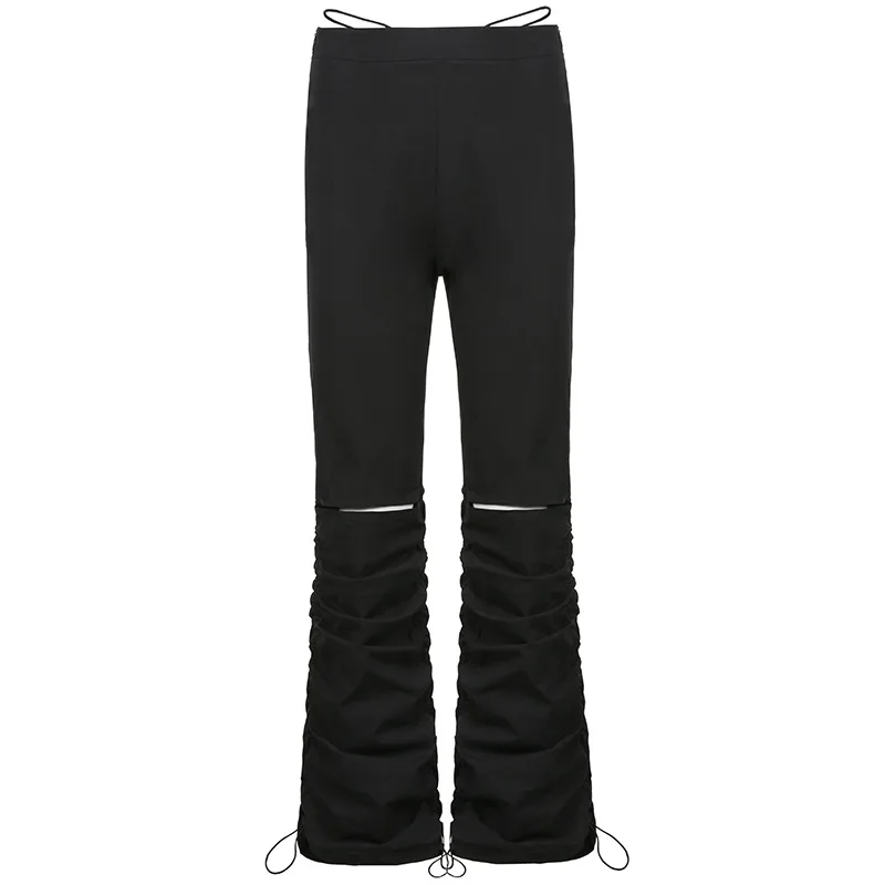 

Women Cargo Pants Summer 2021 New Punk Pleated Drawstring Hollowed Out Black Casual Trousers Elastics High Waist Streetwear