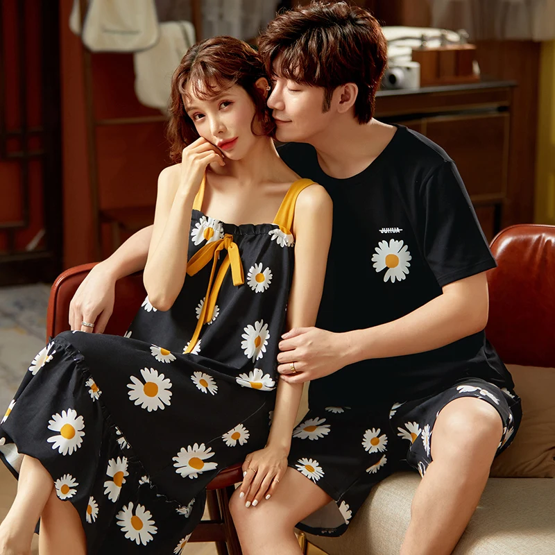 

Пижама хлопковая для мужчин и женщин, повседневная пара пижам, ночные костюмы для пар, домашний костюм для мужчин, одежда для сна с маргаритк...