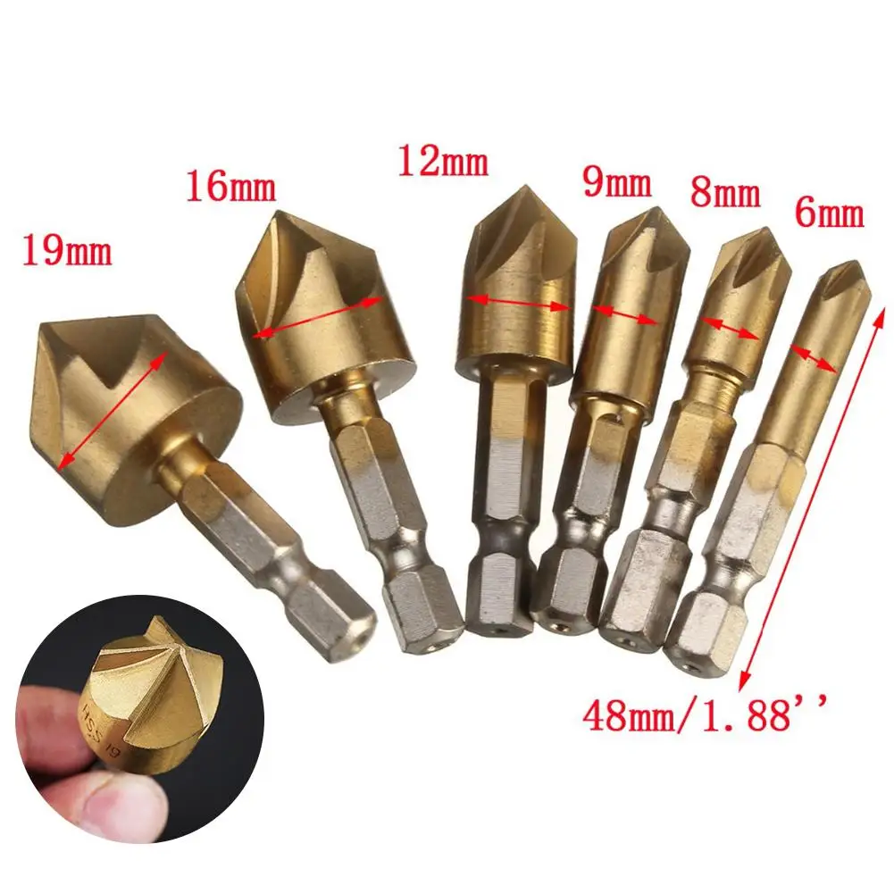 

6pcs Hexagonal Shank High Speed Steel Hex Countersink Set For Wood Metal Quick Change Drill Bit Tools