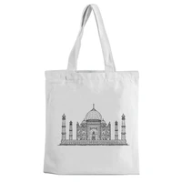 canvas bag cartoon architectural picture printed canvas bag large capacity white leisure environment friendly shopping bag