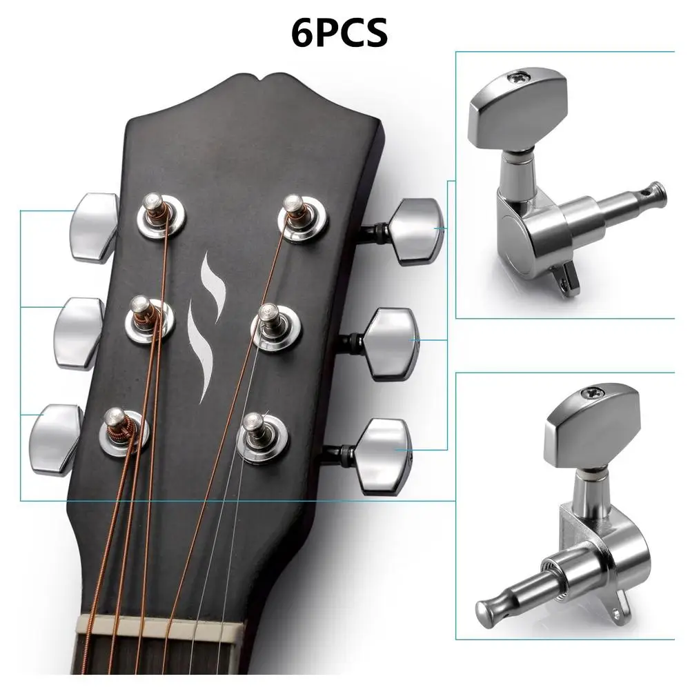 

6Pcs Silver Acoustic Guitar Machine Heads Knobs Guitar String Tuning Peg Tuner Guitar Replacement (3 for Left + 3 for Right)