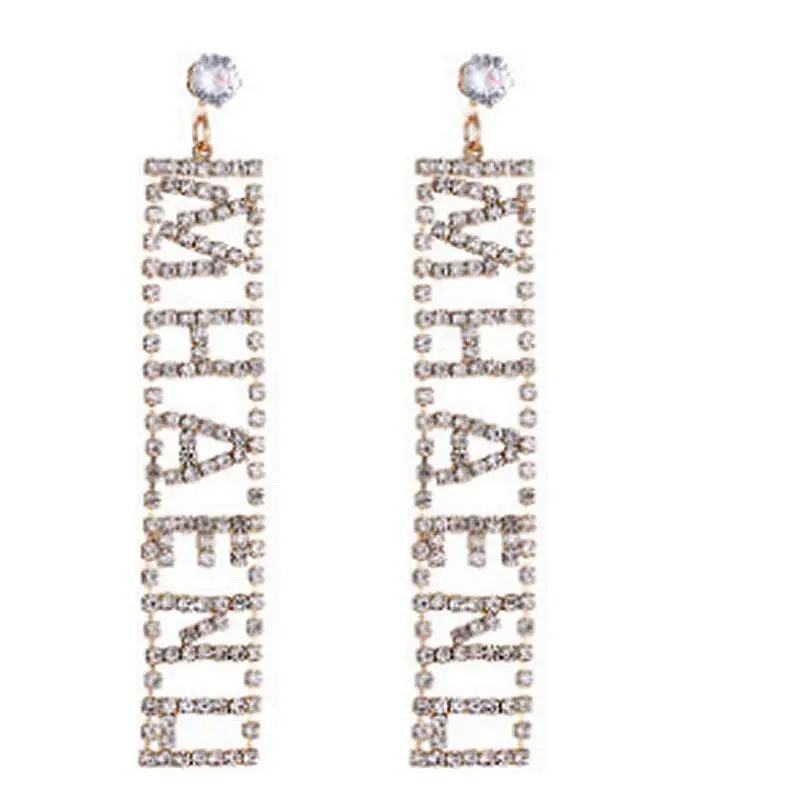 

Trendy Shiny Rhinestone Letter Long Pendant Earring for Women Luxury Square Gold Sliver Color Metal Earring Party Jewelry