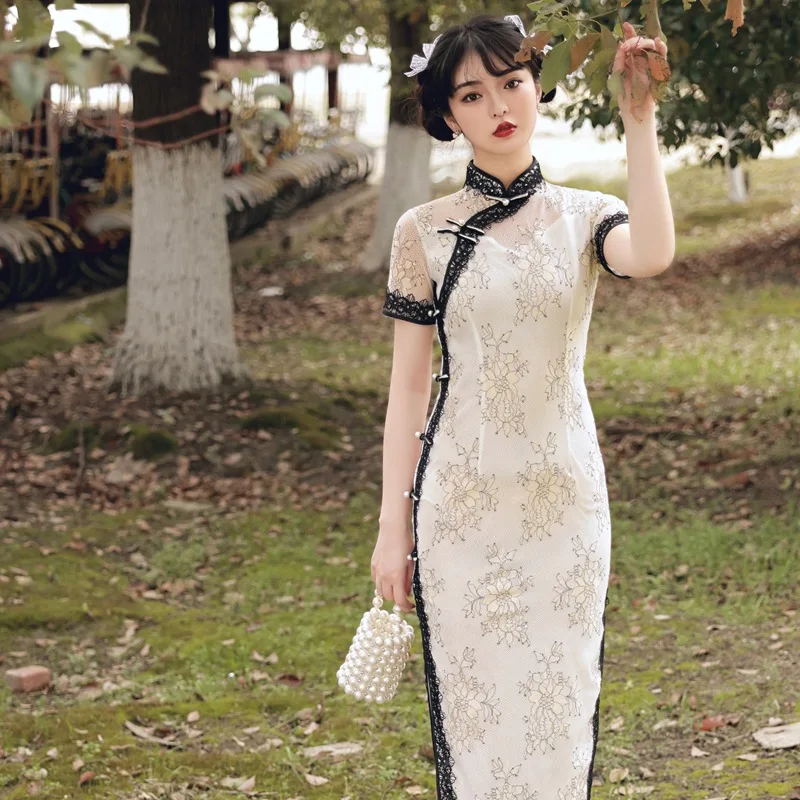 

Lace Flower Mid Length Qipao Sexy Mandarin Collar Cheongsams Bridal Wedding Chinese Dresses Big Size Evening Party Vestidos Gown