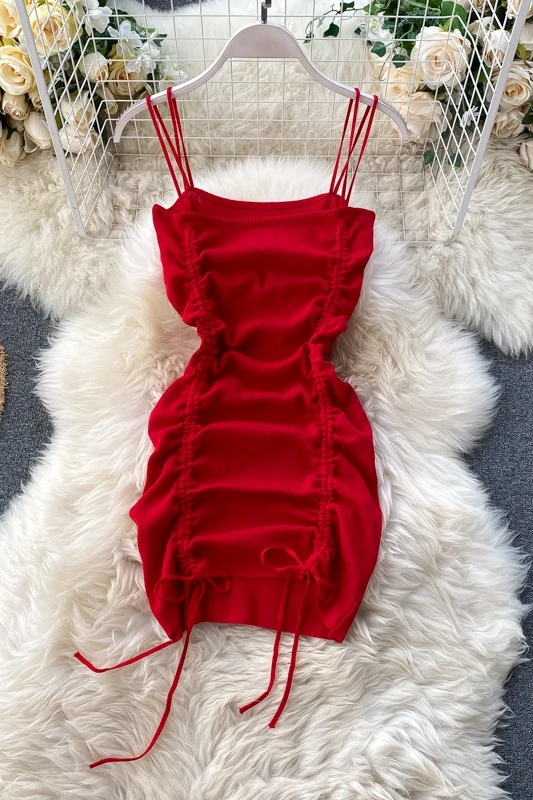 

Runway Designer Dress Women Sexy Spaghetti Strap Draped Knitted Slim Summer Dress 2020