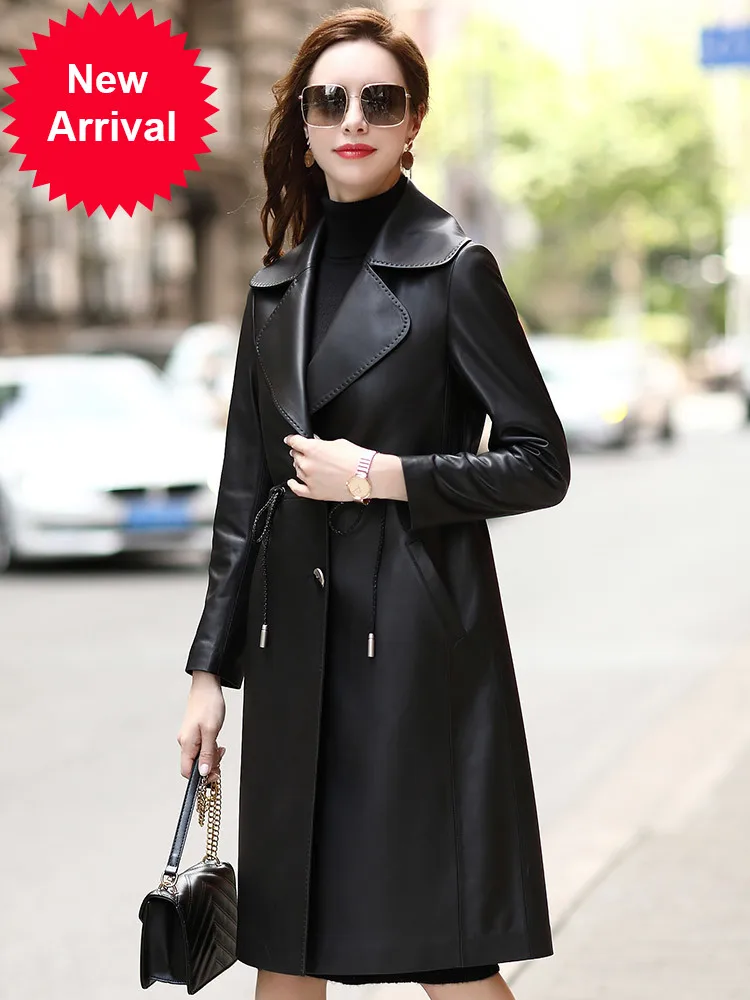 

2020 Autumn New sheepskin fashion simple windbreaker coat waist leather coat Women's Mid-length