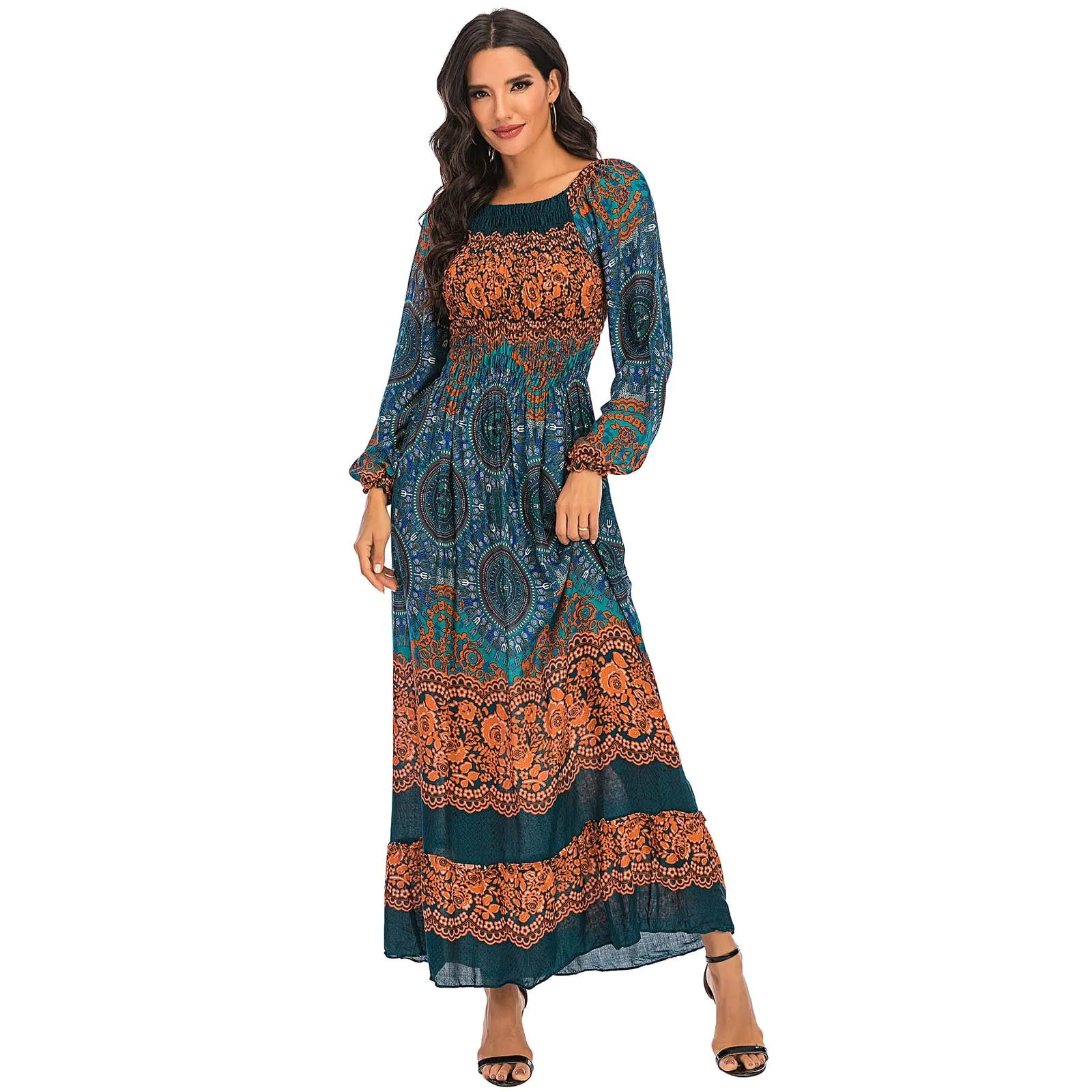 

2021 New Women Dresses Bohemian Long Skirt Spring And Summer Printing Dress Sunscreen Beach Holiday Skirt