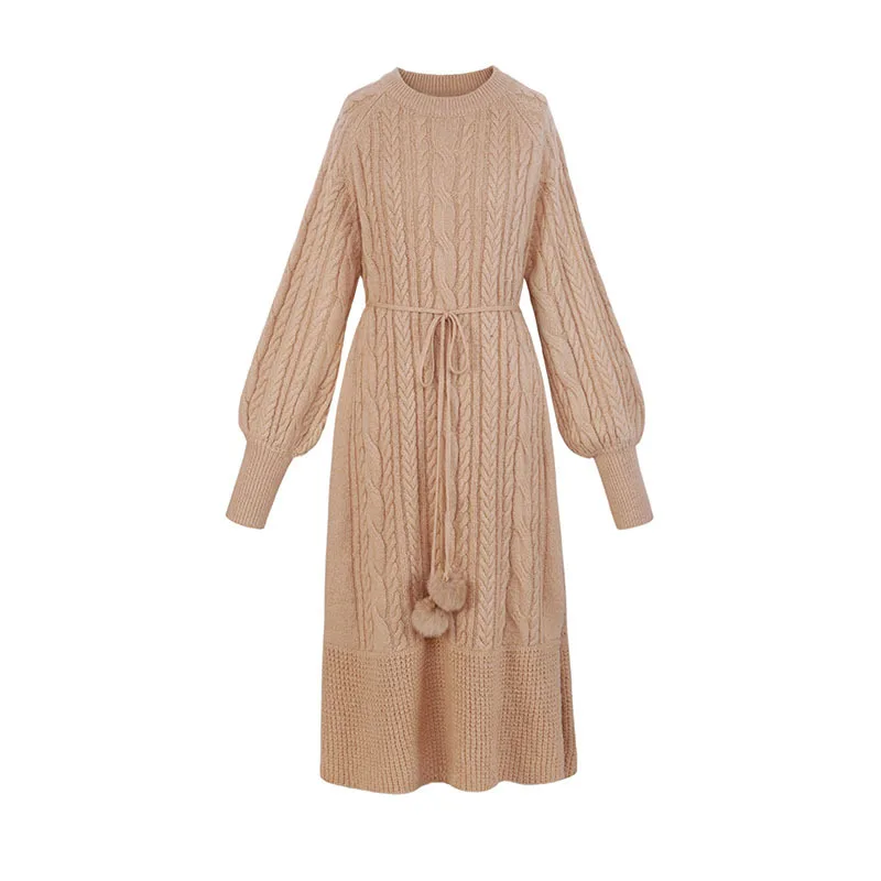 

Winter women sweater knitted dresses elegant Long sleeve sash belt knit dress O-neck solid female midi dress woman JK374